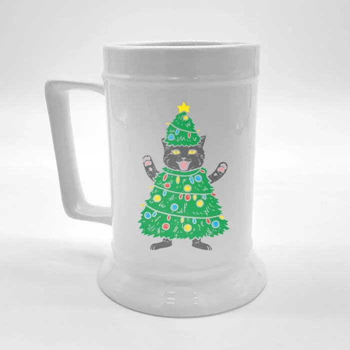 Meowy Black Cat Christmas Tree Funny Kitten Cat Owner Front & Back Beer Stein