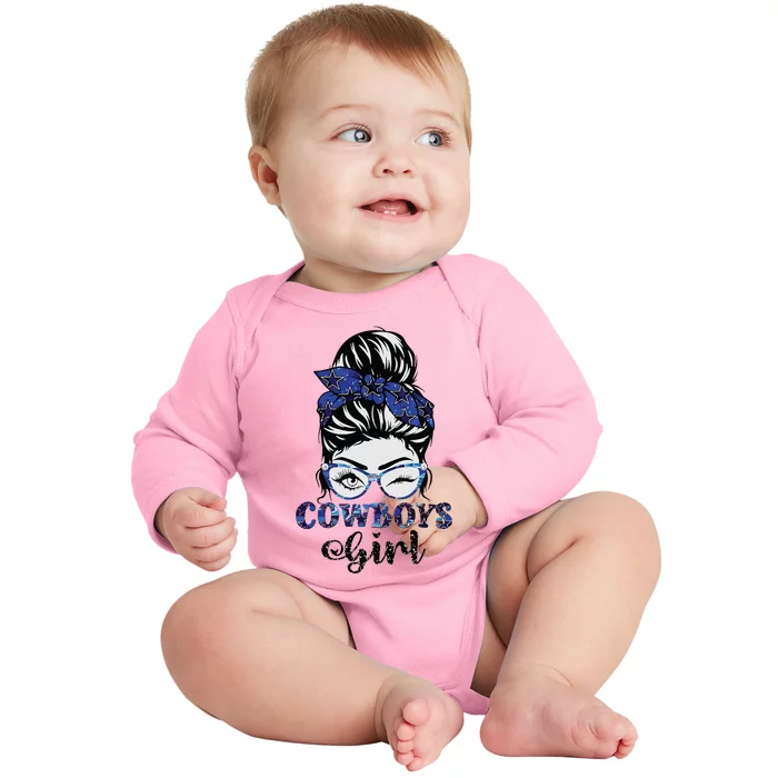 Messy Bun Cowboys Girl Sport Fan Baby Long Sleeve Bodysuit