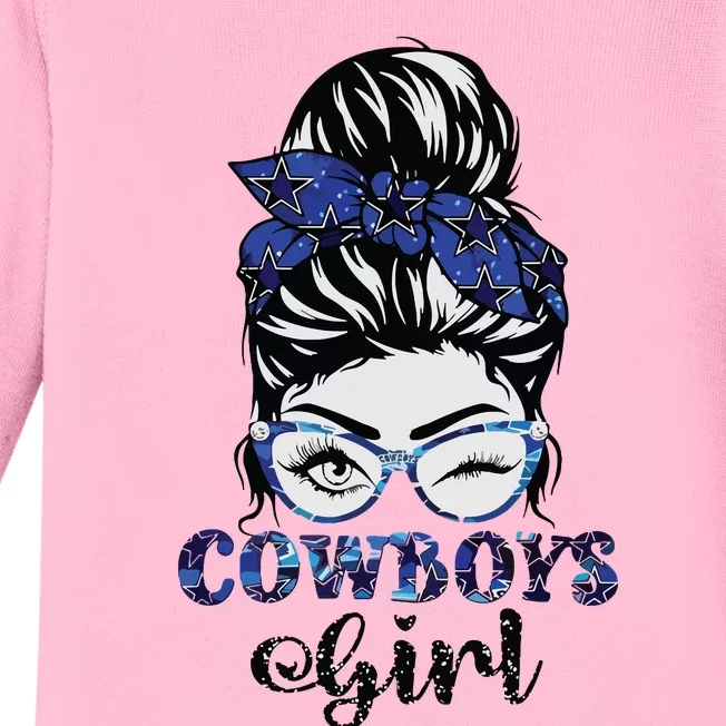 Messy Bun Cowboys Girl Sport Fan Baby Long Sleeve Bodysuit