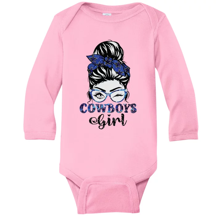 Messy Bun Cowboys Girl Sport Fan Baby Long Sleeve Bodysuit