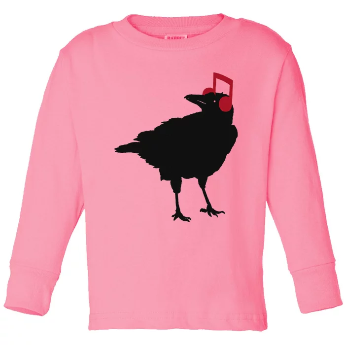 Music Bird Crow Musical Note A Black Crow A Red Headphone Toddler Long Sleeve Shirt