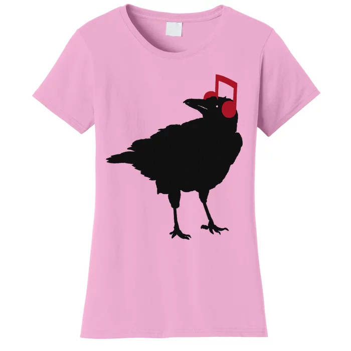 Music Bird Crow Musical Note A Black Crow A Red Headphone Women's T-Shirt