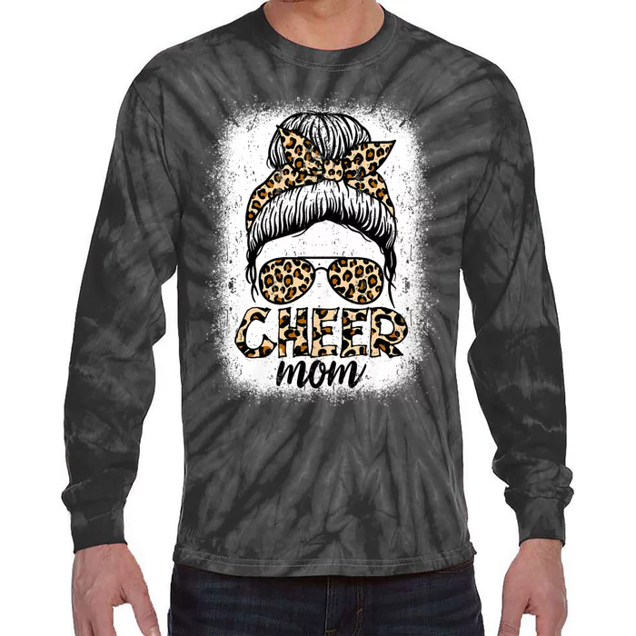 Messy Bun Cheer Mom Leopard Cheerleader Women Mothers Day Tie-Dye Long Sleeve Shirt