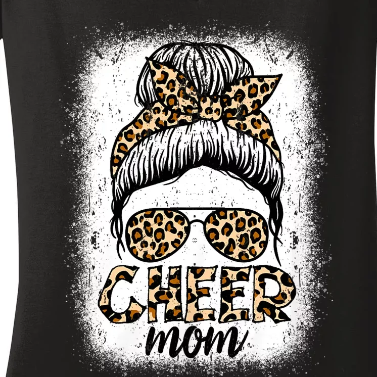 Messy Bun Cheer Mom Leopard Cheerleader Women Mothers Day Women's V-Neck T-Shirt