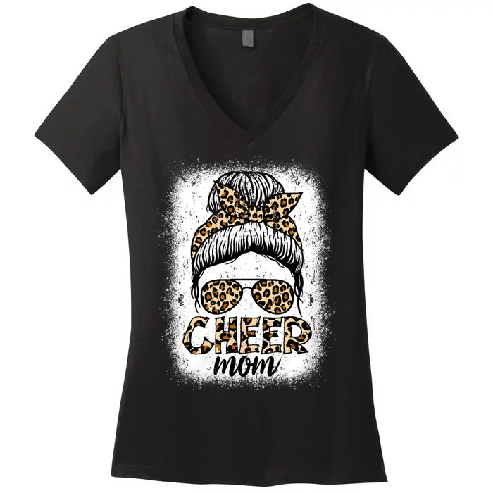 Messy Bun Cheer Mom Leopard Cheerleader Women Mothers Day Women's V-Neck T-Shirt