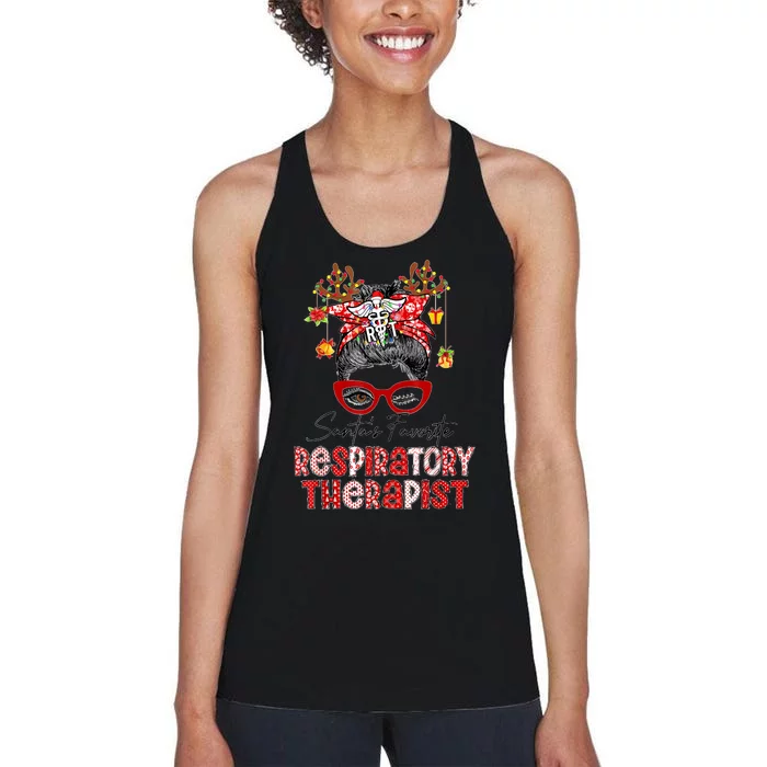 Messy Bun Christmas SantaS Favorite Respiratory Therapist Women's Racerback Tank