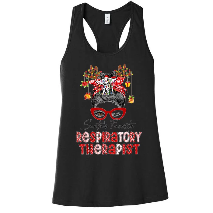 Messy Bun Christmas SantaS Favorite Respiratory Therapist Women's Racerback Tank