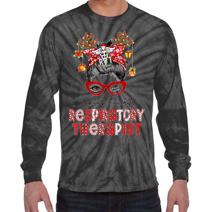 Messy Bun Christmas SantaS Favorite Respiratory Therapist Tie-Dye Long Sleeve Shirt