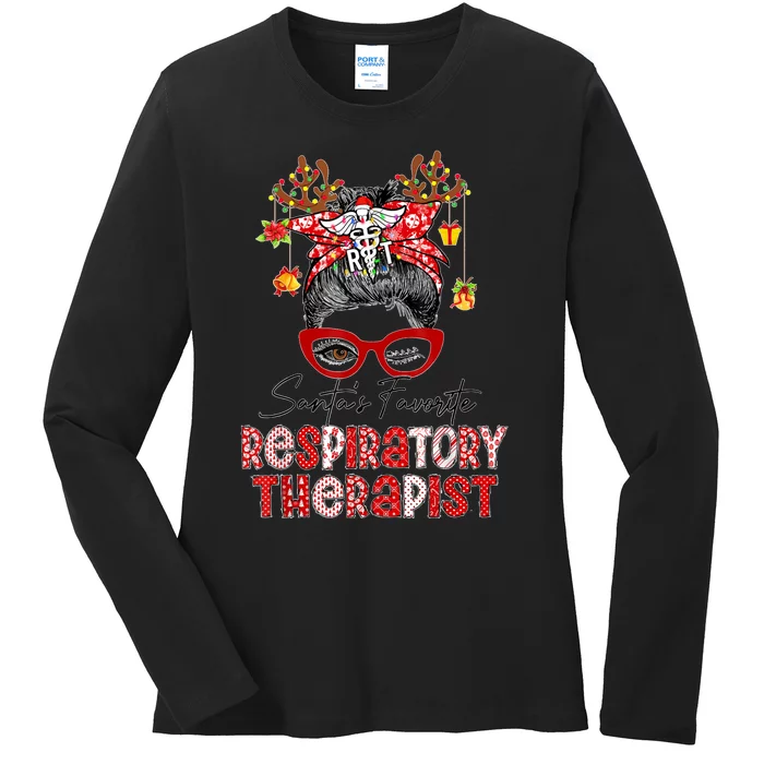 Messy Bun Christmas SantaS Favorite Respiratory Therapist Ladies Long Sleeve Shirt