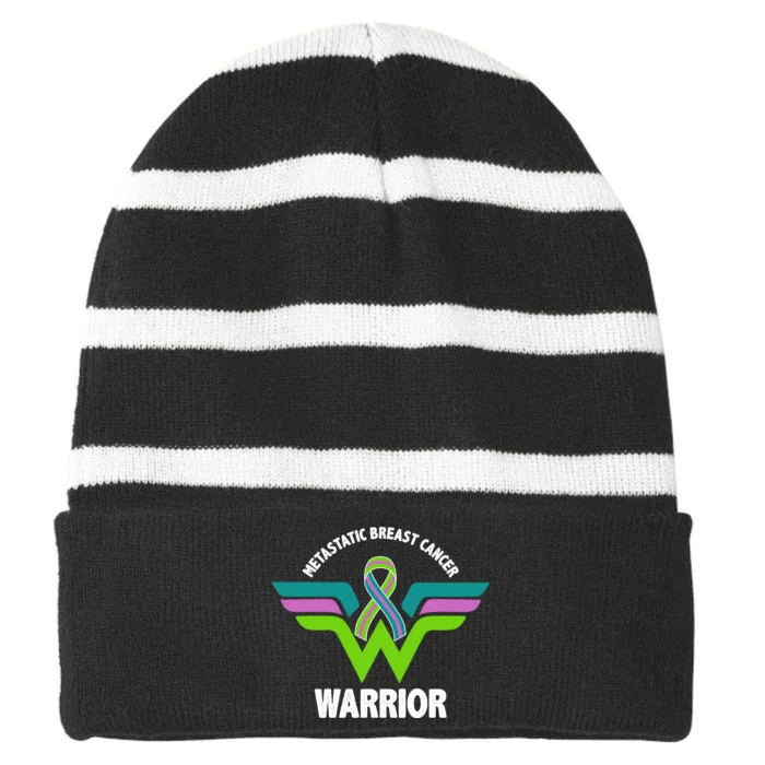 Metastatic Breast Cancer Warrior Ribbon Striped Beanie with Solid Band