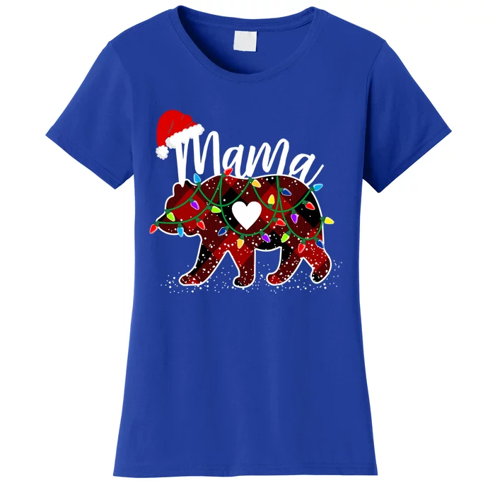 Mama Bear Christmas Red Buffalo Plaid With Santa Hat Lights Gift Women's T-Shirt