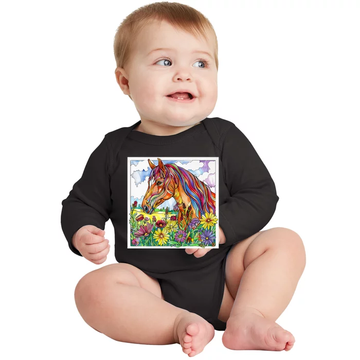 Mandala Bright Colored Horse In Pasture With Wildflowers Baby Long Sleeve Bodysuit