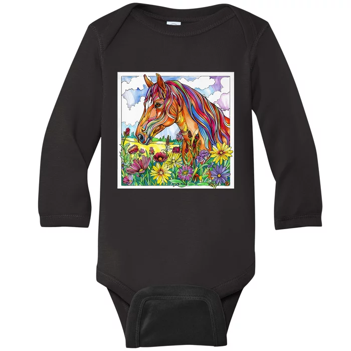 Mandala Bright Colored Horse In Pasture With Wildflowers Baby Long Sleeve Bodysuit