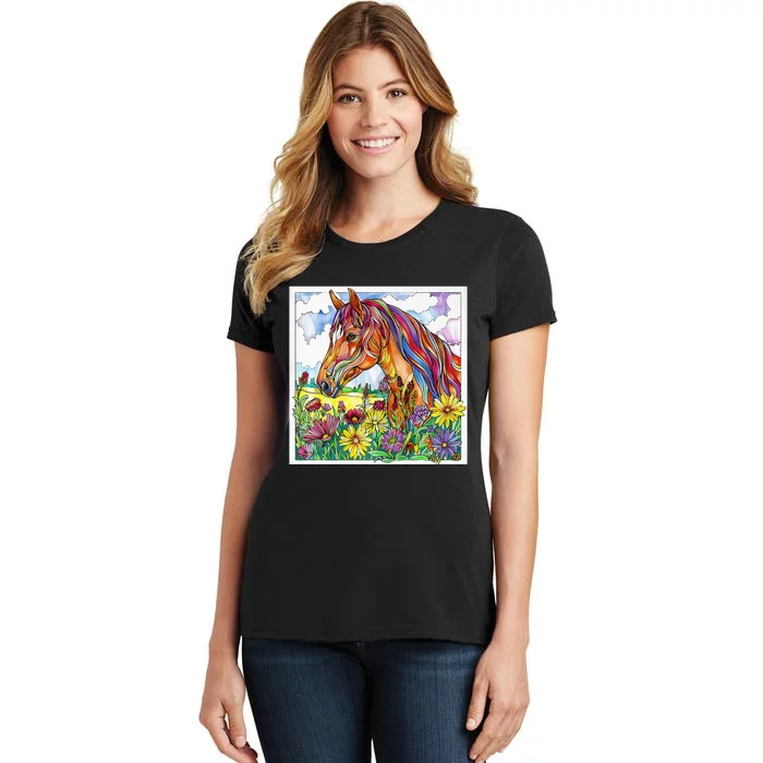 Mandala Bright Colored Horse In Pasture With Wildflowers Women's T-Shirt