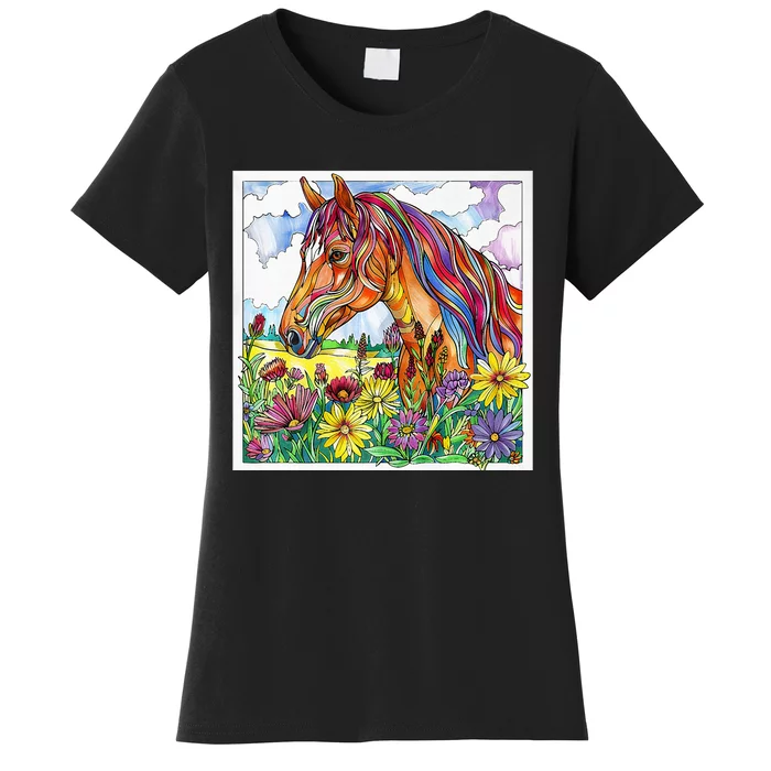 Mandala Bright Colored Horse In Pasture With Wildflowers Women's T-Shirt