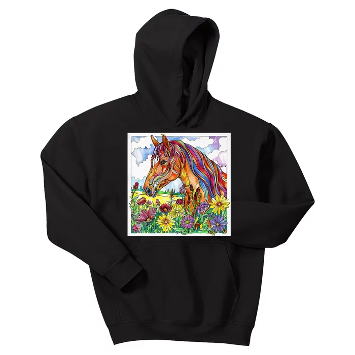 Mandala Bright Colored Horse In Pasture With Wildflowers Kids Hoodie