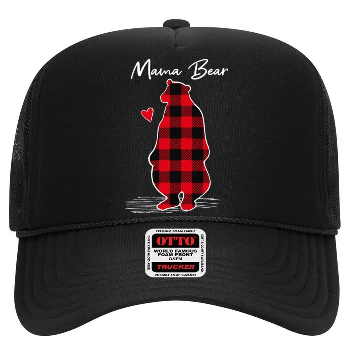 Mama Bear Christmas Pajama Woman Red Buffalo Plaid High Crown Mesh Trucker Hat