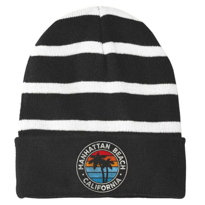 Manhattan Beach California Ca Vintage Graphic Retro 70s Striped Beanie with Solid Band