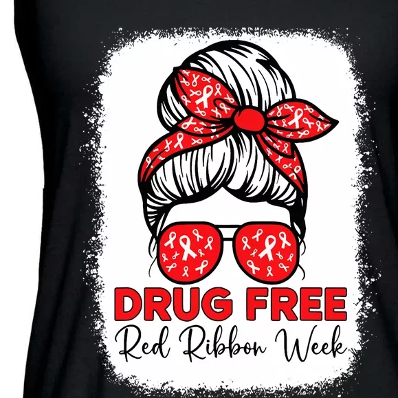 Messy Bun Drug Free Red Ribbon Week Awareness Antidrug Ladies Essential Flowy Tank