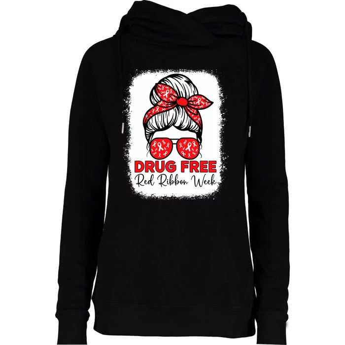 Messy Bun Drug Free Red Ribbon Week Awareness Antidrug Womens Funnel Neck Pullover Hood