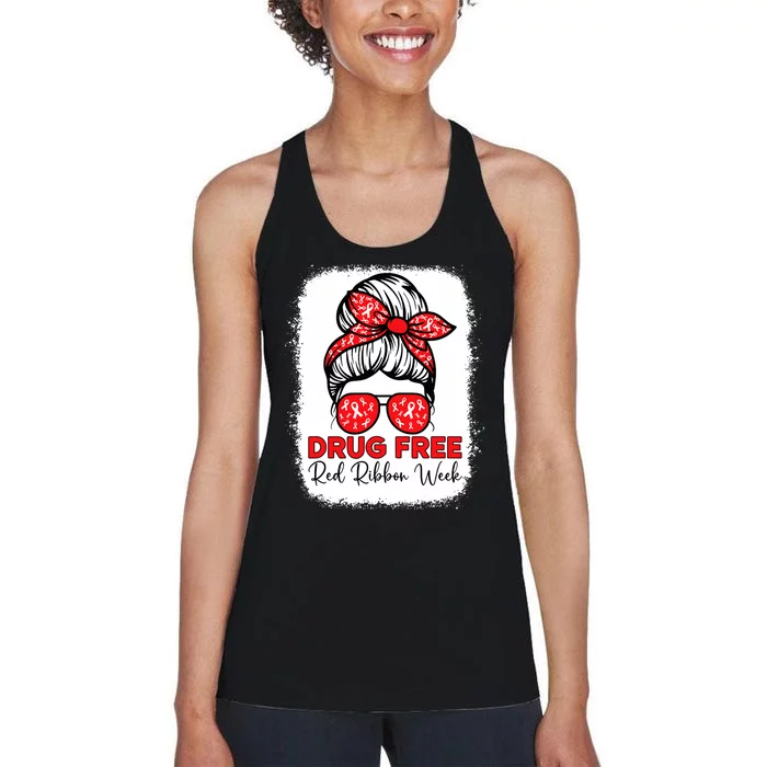 Messy Bun Drug Free Red Ribbon Week Awareness Antidrug Women's Racerback Tank