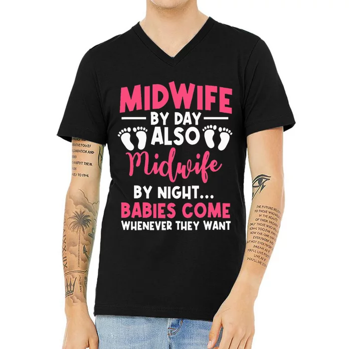 Midwife By Day Night Labour Birth Obstetrician Nursing V-Neck T-Shirt