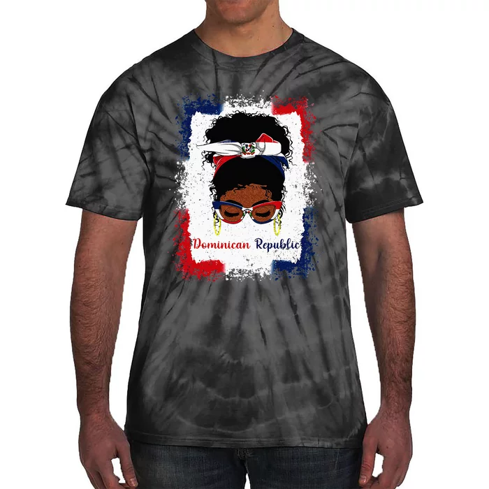 Messy Bun Dominican Republic Flag Woman Girl Tie-Dye T-Shirt