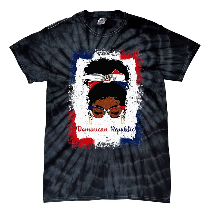 Messy Bun Dominican Republic Flag Woman Girl Tie-Dye T-Shirt