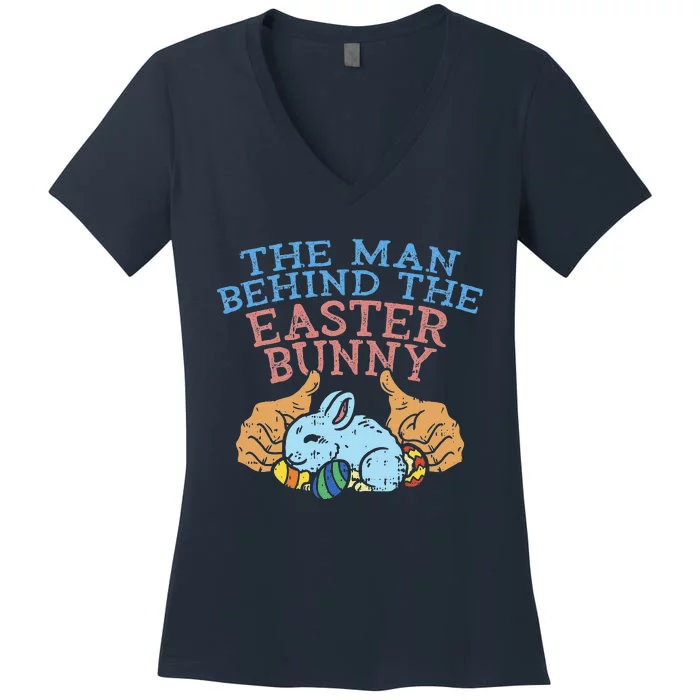 Man Behind Easter Bunny Funny Pregnancy Announcement Dad Women's V-Neck T-Shirt