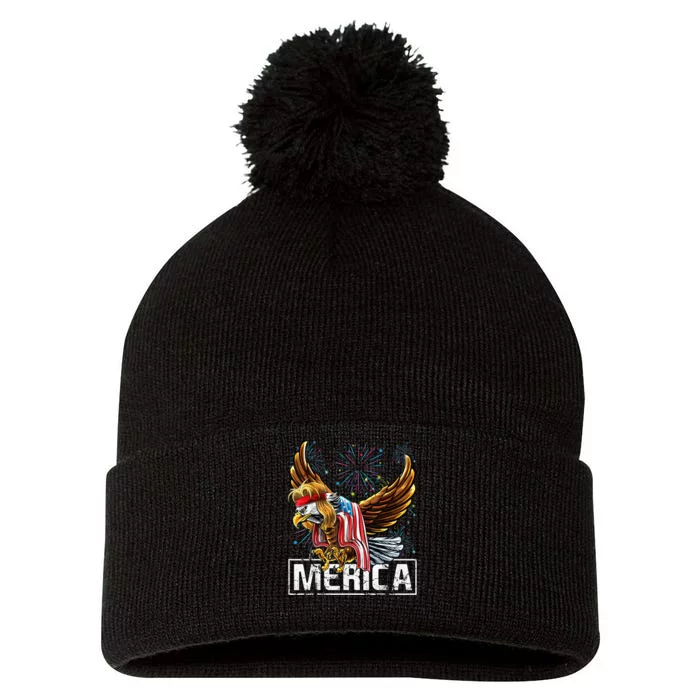 Merica Bald Eagle Mullet 4th of July American Flag Patriotic Pom Pom 12in Knit Beanie