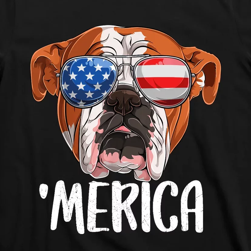 Merica British English Bulldog Dog 4th of July American Flag T-Shirt