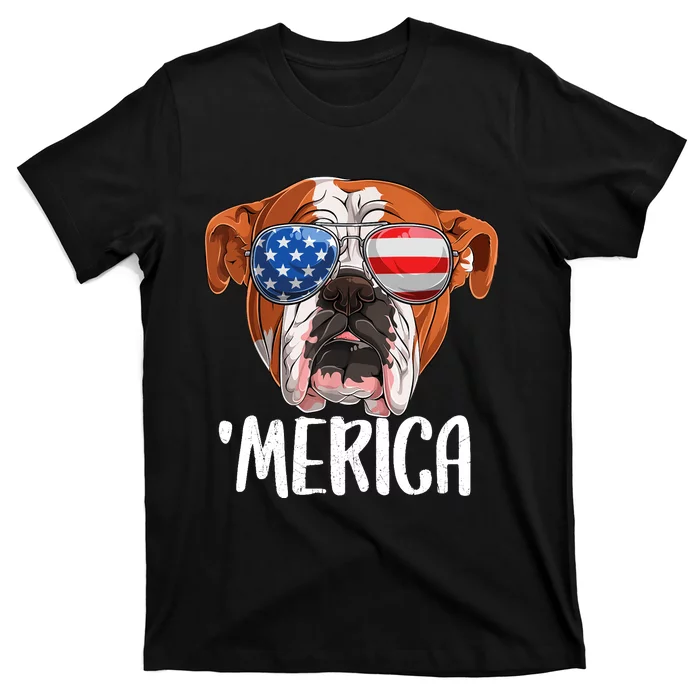 Merica British English Bulldog Dog 4th of July American Flag T-Shirt