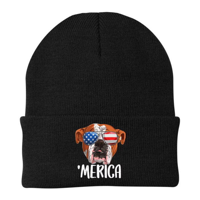 Merica British English Bulldog Dog 4th of July American Flag Knit Cap Winter Beanie