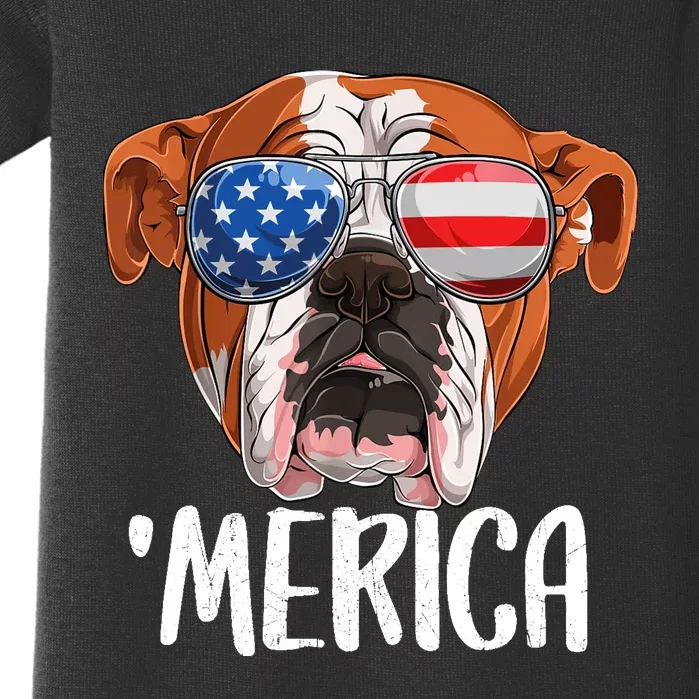 Merica British English Bulldog Dog 4th of July American Flag Baby Bodysuit