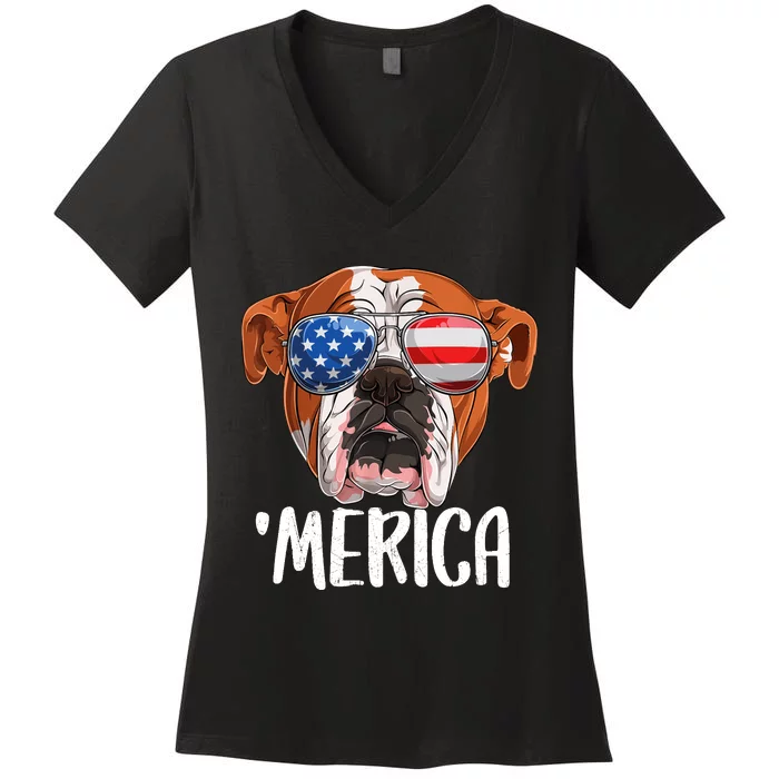 Merica British English Bulldog Dog 4th of July American Flag Women's V-Neck T-Shirt