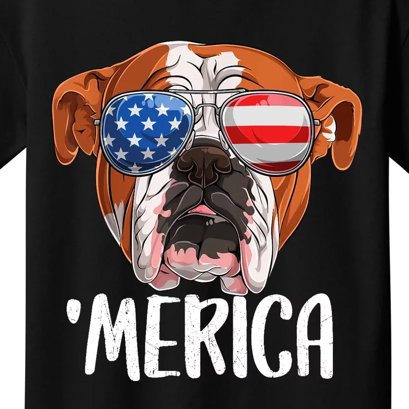 Merica British English Bulldog Dog 4th of July American Flag Kids T-Shirt