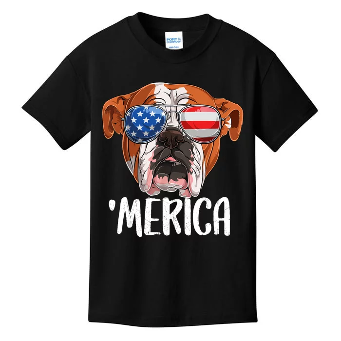 Merica British English Bulldog Dog 4th of July American Flag Kids T-Shirt