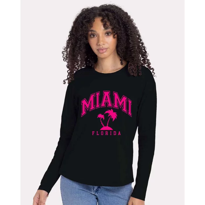 Miami Beach Florida Palms Palm Trees Preppy Varsity Pink Womens Cotton Relaxed Long Sleeve T-Shirt