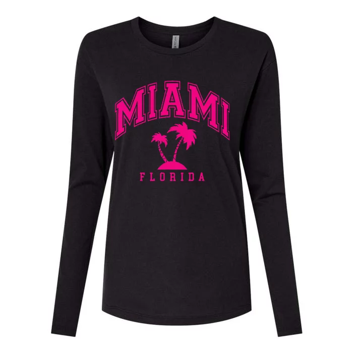 Miami Beach Florida Palms Palm Trees Preppy Varsity Pink Womens Cotton Relaxed Long Sleeve T-Shirt