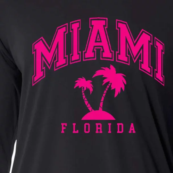 Miami Beach Florida Palms Palm Trees Preppy Varsity Pink Cooling Performance Long Sleeve Crew