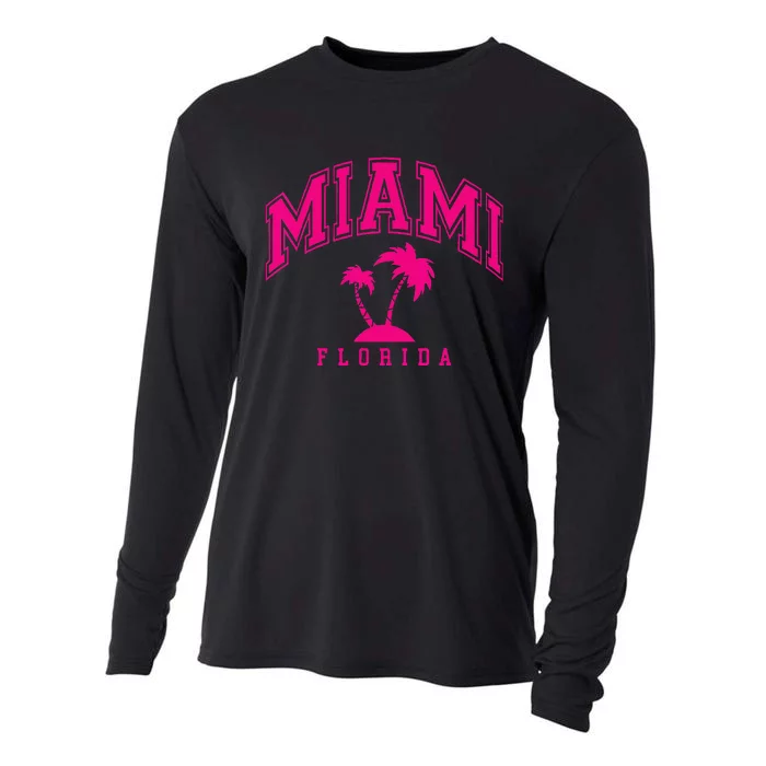 Miami Beach Florida Palms Palm Trees Preppy Varsity Pink Cooling Performance Long Sleeve Crew