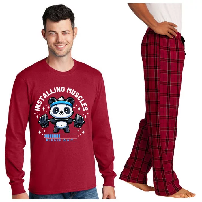 Muscle Building Fitness Panda Weight Lifting Barbell Workout Long Sleeve Pajama Set