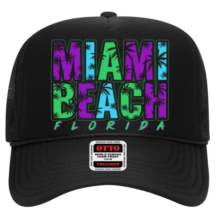 Miami Beach Floral Palm Trees High Crown Mesh Trucker Hat