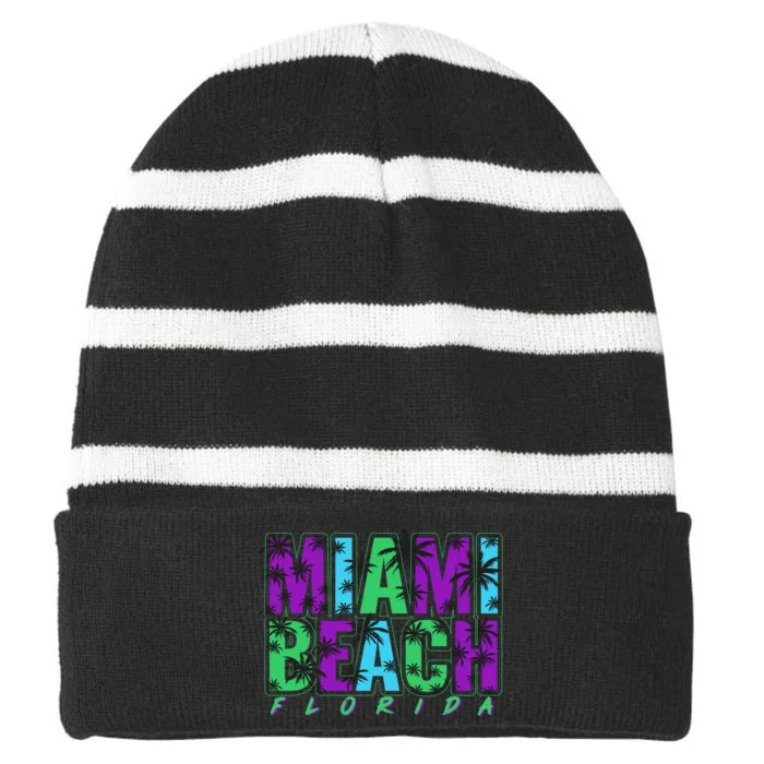 Miami Beach Floral Palm Trees Striped Beanie with Solid Band