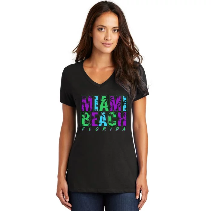 Miami Beach Floral Palm Trees Women's V-Neck T-Shirt