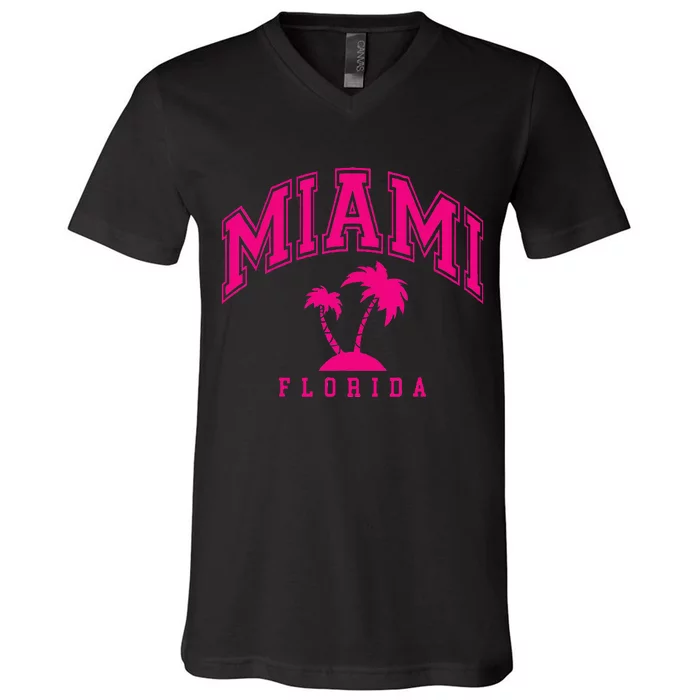 Miami Beach Florida Palms Palm Trees Preppy Varsity Pink V-Neck T-Shirt