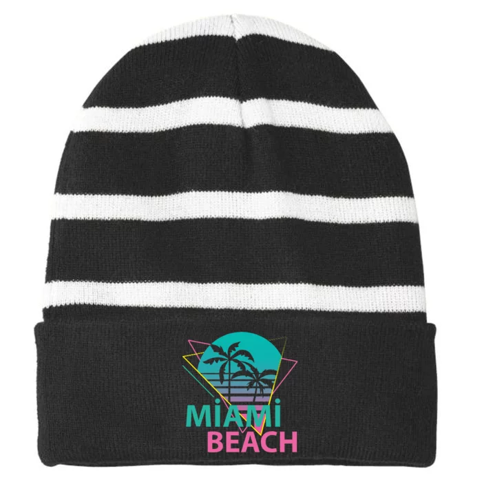 Miami Beach Florida Proud Floridian Retro Palms Trees Striped Beanie with Solid Band