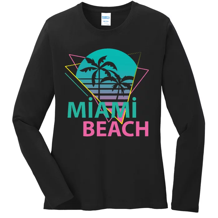 Miami Beach Florida Proud Floridian Retro Palms Trees Ladies Long Sleeve Shirt