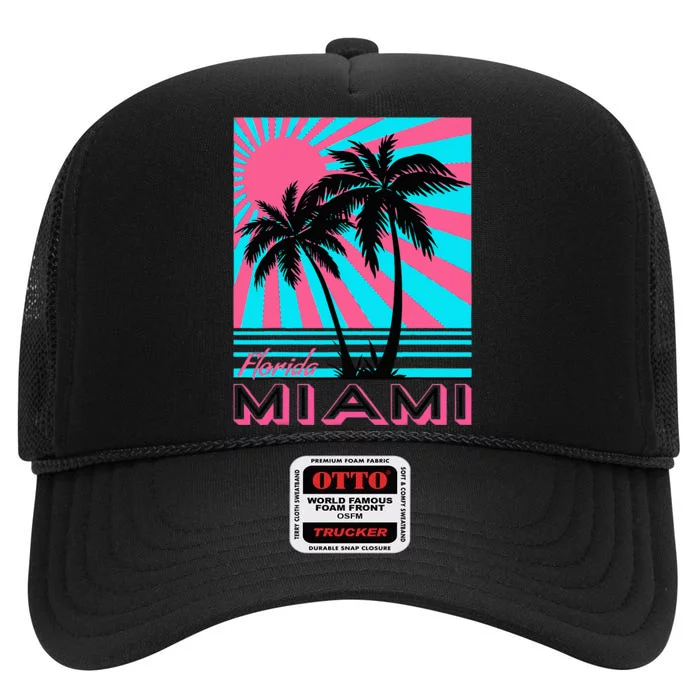 Miami Beach Florida Miami Palm Trees High Crown Mesh Trucker Hat