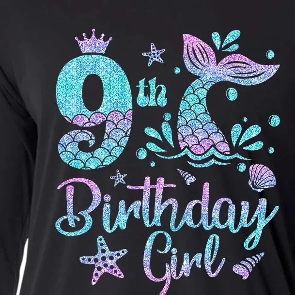 Mermaid Birthday Girl 9 Year Old Its My 9th Bday Mermaid Cooling Performance Long Sleeve Crew